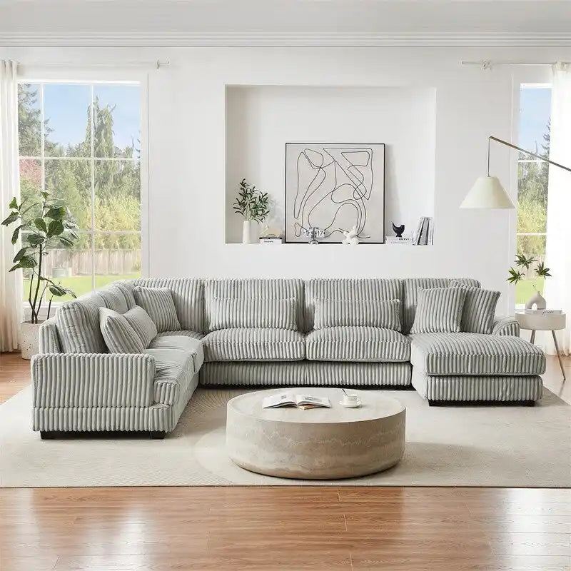 Oversized U-shaped Sectional Sofa with Chaise Lounge, 129 Modern Upholstered Sofa Couch, Corduroy Couch Set for Living Room