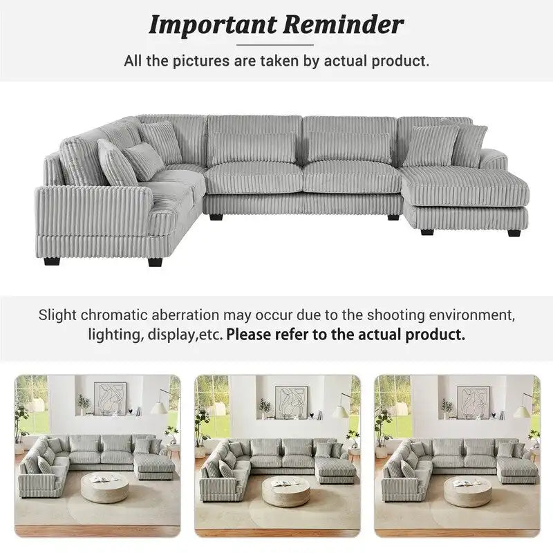 Oversized U-shaped Sectional Sofa with Chaise Lounge, 129 Modern Upholstered Sofa Couch, Corduroy Couch Set for Living Room