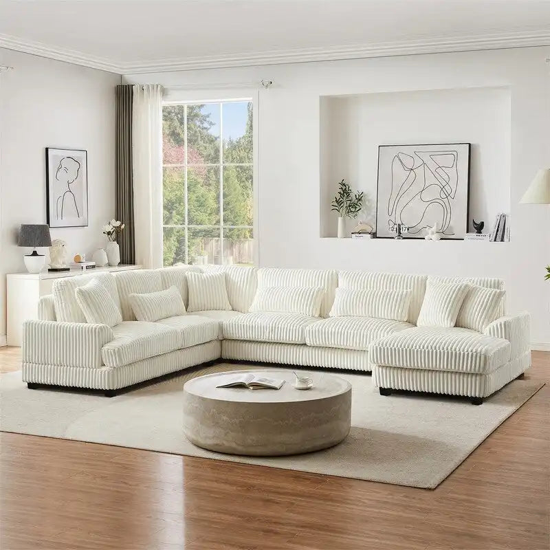 Oversized U-shaped Sectional Sofa with Chaise Lounge, 129 Modern Upholstered Sofa Couch, Corduroy Couch Set for Living Room
