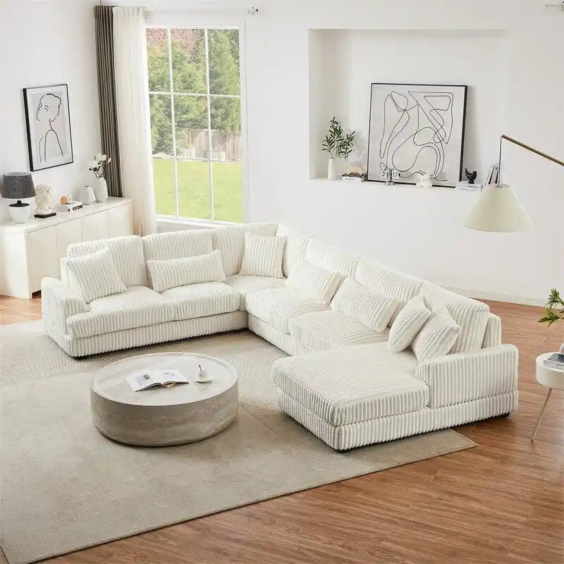 Oversized U-shaped Sectional Sofa with Chaise Lounge, 129 Modern Upholstered Sofa Couch, Corduroy Couch Set for Living Room