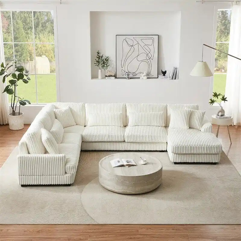Oversized U-shaped Sectional Sofa with Chaise Lounge, 129 Modern Upholstered Sofa Couch, Corduroy Couch Set for Living Room