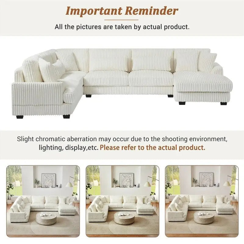 Oversized U-shaped Sectional Sofa with Chaise Lounge, 129 Modern Upholstered Sofa Couch, Corduroy Couch Set for Living Room