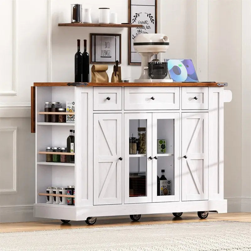 Kitchen Island w/Drop Leaf, 3 Drawers & 5 Open Side Racks, Rolling Kitchen Cart w/ 2 Tempered Glass Cabinet Doors & Power Outlet