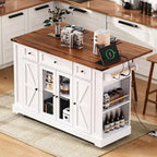 Kitchen Island w/Drop Leaf, 3 Drawers & 5 Open Side Racks, Rolling Kitchen Cart w/ 2 Tempered Glass Cabinet Doors & Power Outlet