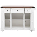 Kitchen Island w/Drop Leaf, 3 Drawers & 5 Open Side Racks, Rolling Kitchen Cart w/ 2 Tempered Glass Cabinet Doors & Power Outlet