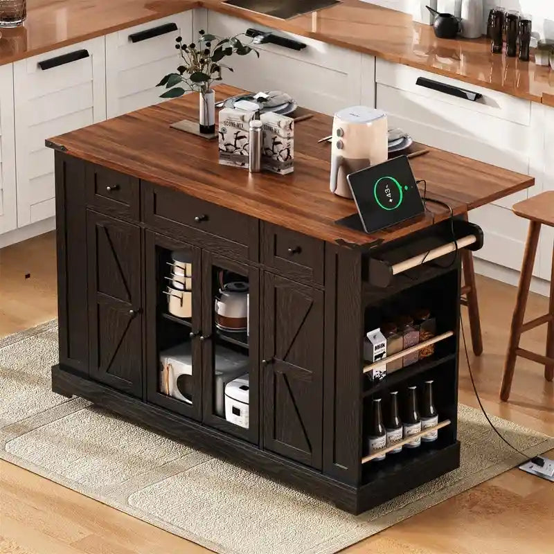 Kitchen Island w/Drop Leaf, 3 Drawers & 5 Open Side Racks, Rolling Kitchen Cart w/ 2 Tempered Glass Cabinet Doors & Power Outlet