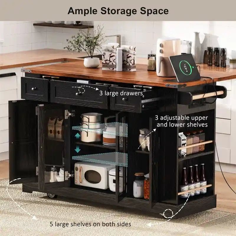Kitchen Island w/Drop Leaf, 3 Drawers & 5 Open Side Racks, Rolling Kitchen Cart w/ 2 Tempered Glass Cabinet Doors & Power Outlet