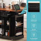 Kitchen Island w/Drop Leaf, 3 Drawers & 5 Open Side Racks, Rolling Kitchen Cart w/ 2 Tempered Glass Cabinet Doors & Power Outlet