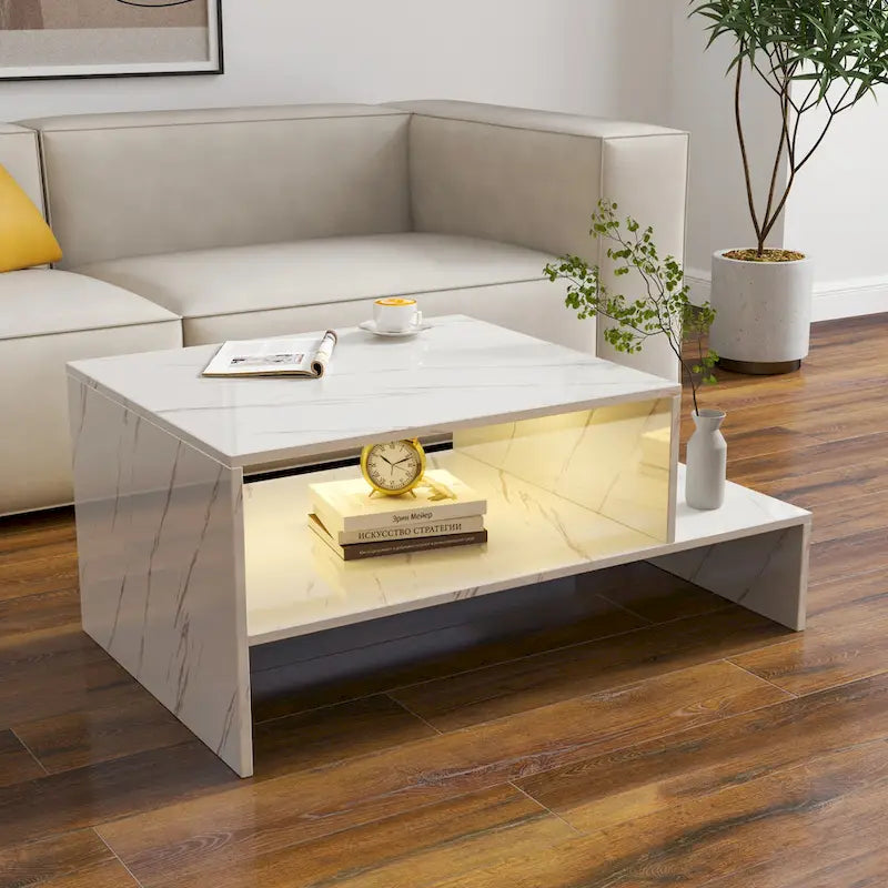 Modern Minimalist Stylish Coffee Table Double Layer Coffee Table with Open Storage, for Living Room, Black