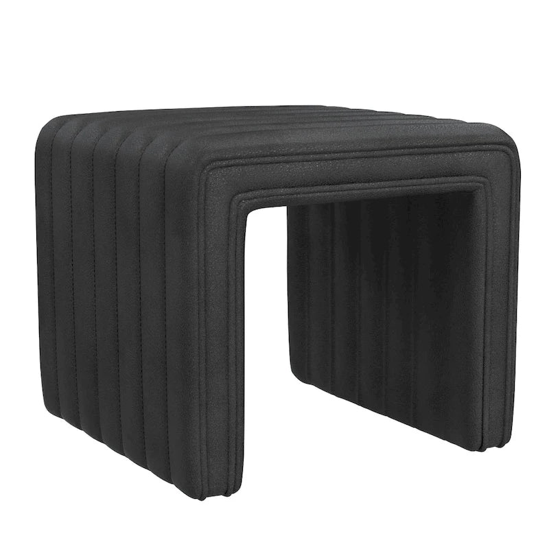 Black Faux Leather Channel Tufted Ottoman
