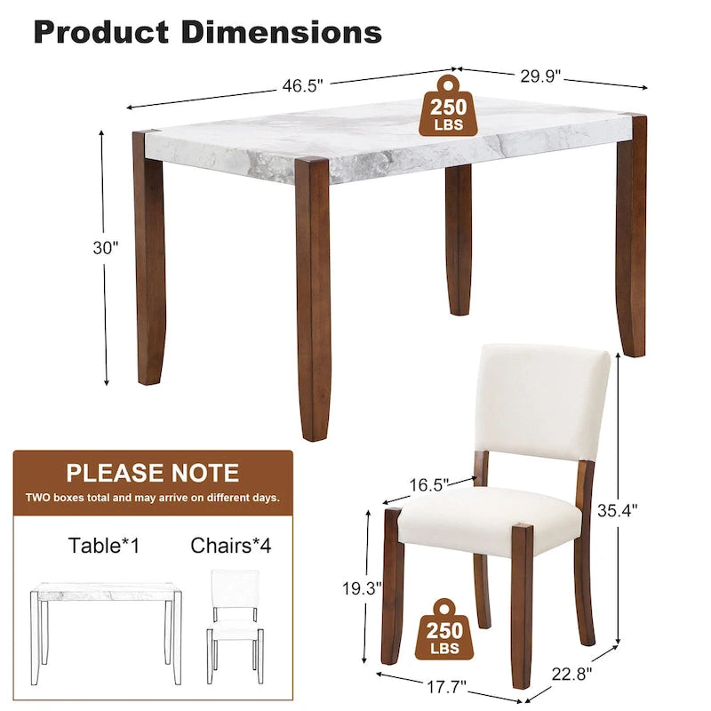 5 Piece Dining Table Set, 4 People Kitchen Dining Room Set with Faux Marble Style Table and 4 Upholstered Chairs