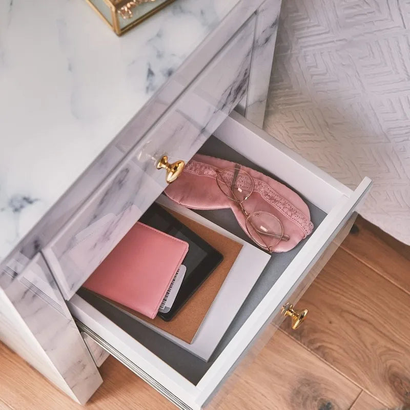 Modern marble NightstandTempered Glass Nightstand with 3 Drawers, Storage CabinetMinimalist Practical Sofa End Side Table