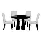 5 Pcs Wood Kitchen Table and Chair Set, 4 People Round Dining Table Set with Faux Marble Top and 4 Upholstered Chairs