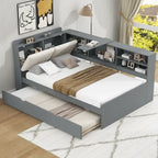 Wooden Storage Daybed Frame, Modern Platform Bed with Trundle & Upholstered Headboard & Shelves, No Box Spring Needed