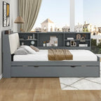 Wooden Storage Daybed Frame, Modern Platform Bed with Trundle & Upholstered Headboard & Shelves, No Box Spring Needed