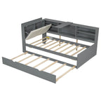 Wooden Storage Daybed Frame, Modern Platform Bed with Trundle & Upholstered Headboard & Shelves, No Box Spring Needed