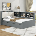 Wooden Storage Daybed Frame, Modern Platform Bed with Trundle & Upholstered Headboard & Shelves, No Box Spring Needed