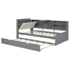 Wooden Storage Daybed Frame, Modern Platform Bed with Trundle & Upholstered Headboard & Shelves, No Box Spring Needed