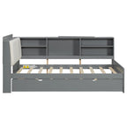 Wooden Storage Daybed Frame, Modern Platform Bed with Trundle & Upholstered Headboard & Shelves, No Box Spring Needed