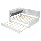 Wooden Storage Daybed Frame, Modern Platform Bed with Trundle & Upholstered Headboard & Shelves, No Box Spring Needed
