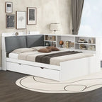Wooden Storage Daybed Frame, Modern Platform Bed with Trundle & Upholstered Headboard & Shelves, No Box Spring Needed