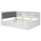 Wooden Storage Daybed Frame, Modern Platform Bed with Trundle & Upholstered Headboard & Shelves, No Box Spring Needed