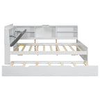 Wooden Storage Daybed Frame, Modern Platform Bed with Trundle & Upholstered Headboard & Shelves, No Box Spring Needed