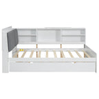 Wooden Storage Daybed Frame, Modern Platform Bed with Trundle & Upholstered Headboard & Shelves, No Box Spring Needed