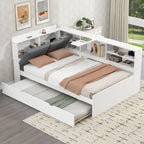 Wooden Storage Daybed Frame, Modern Platform Bed with Trundle & Upholstered Headboard & Shelves, No Box Spring Needed