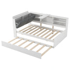 Wooden Storage Daybed Frame, Modern Platform Bed with Trundle & Upholstered Headboard & Shelves, No Box Spring Needed