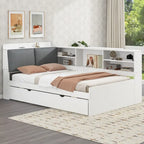 Wooden Storage Daybed Frame, Modern Platform Bed with Trundle & Upholstered Headboard & Shelves, No Box Spring Needed