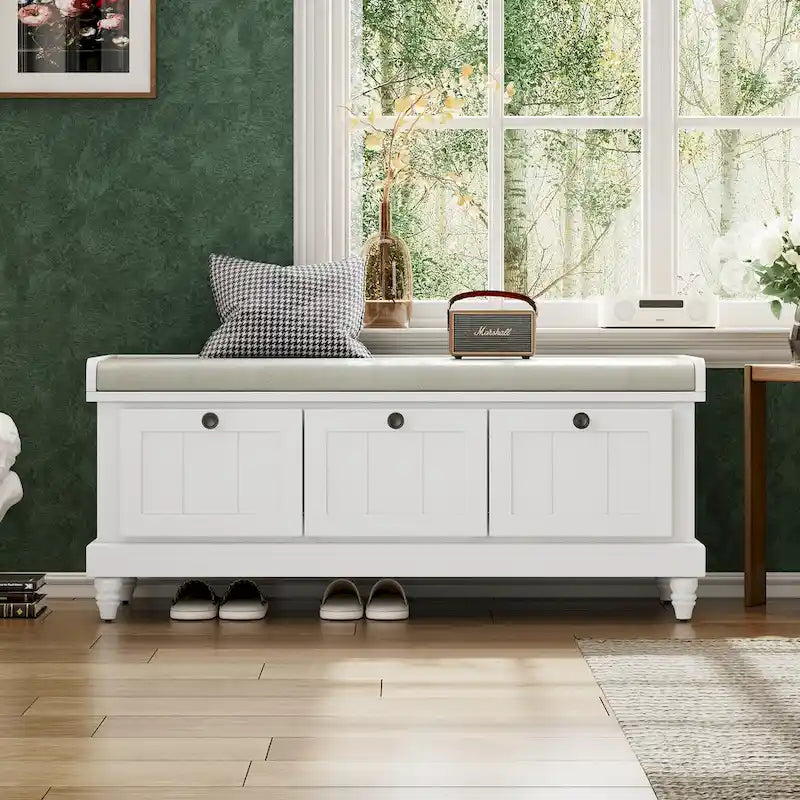 Classic Fluted Shoe Bench with Cushion & 3 Drawers