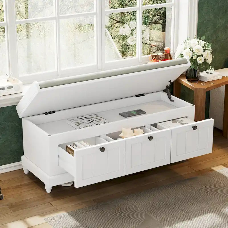 Classic Fluted Shoe Bench with Cushion & 3 Drawers