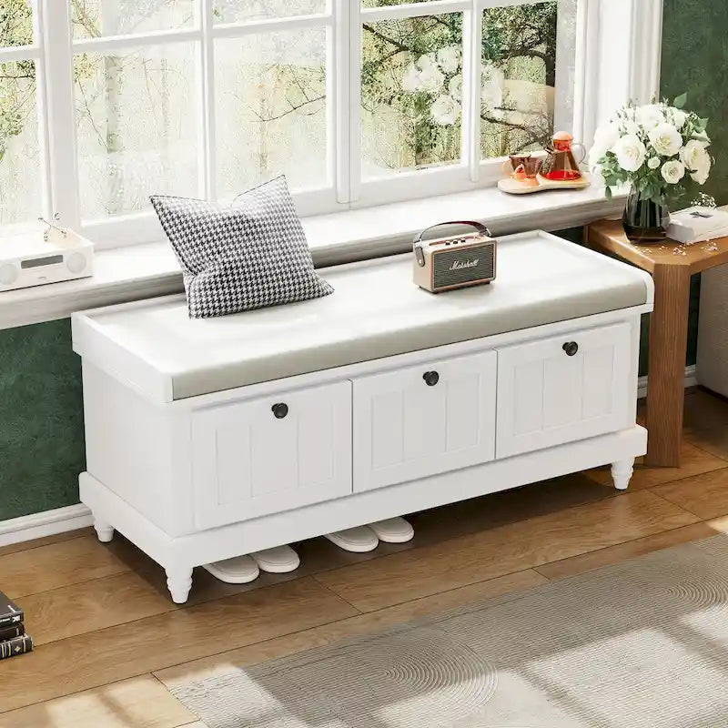 Classic Fluted Shoe Bench with Cushion & 3 Drawers