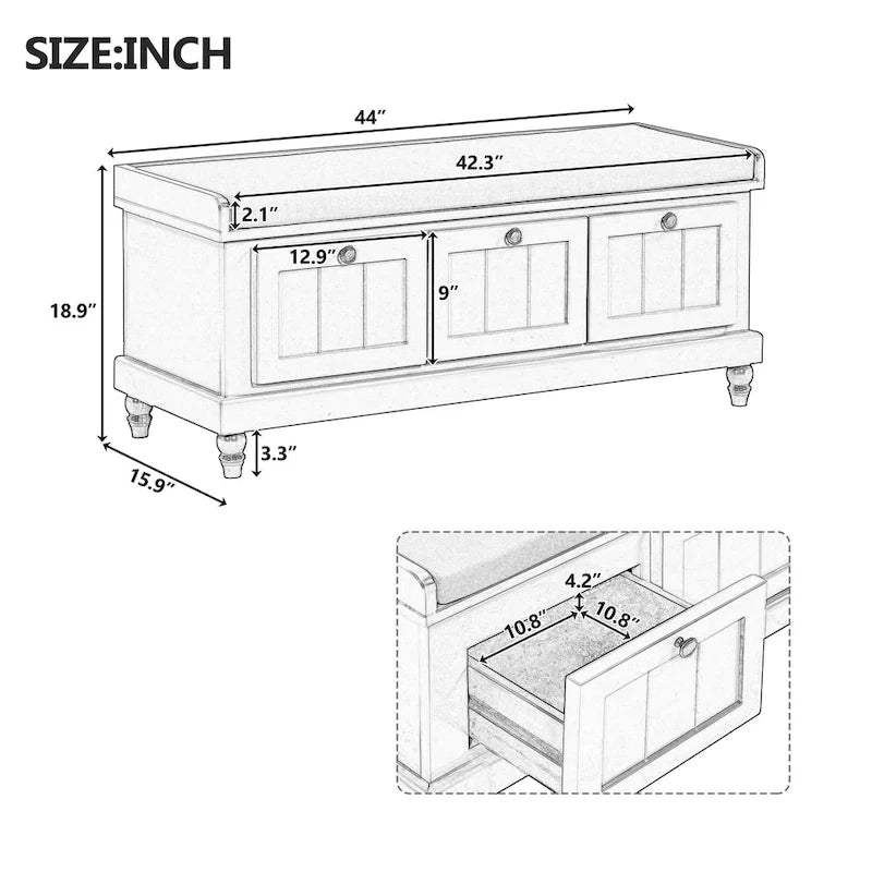 Classic Fluted Shoe Bench with Cushion & 3 Drawers