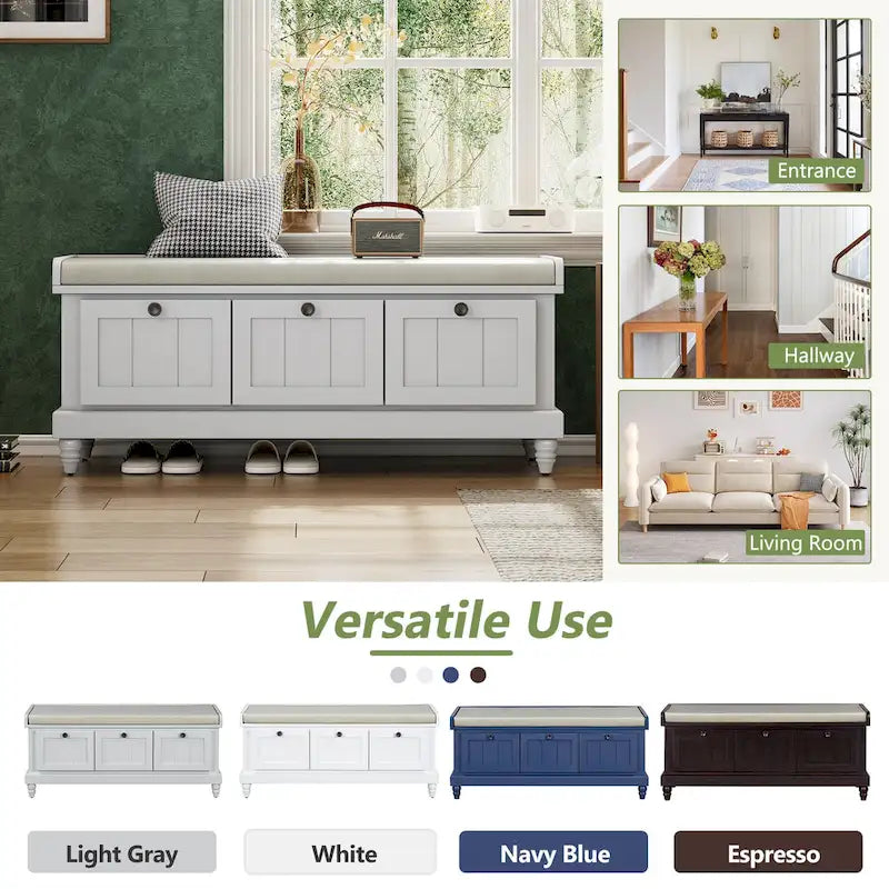 Classic Fluted Shoe Bench with Cushion & 3 Drawers