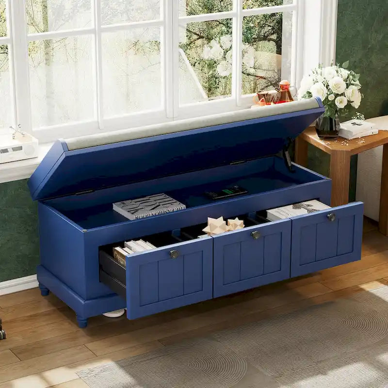 Classic Fluted Shoe Bench with Cushion & 3 Drawers