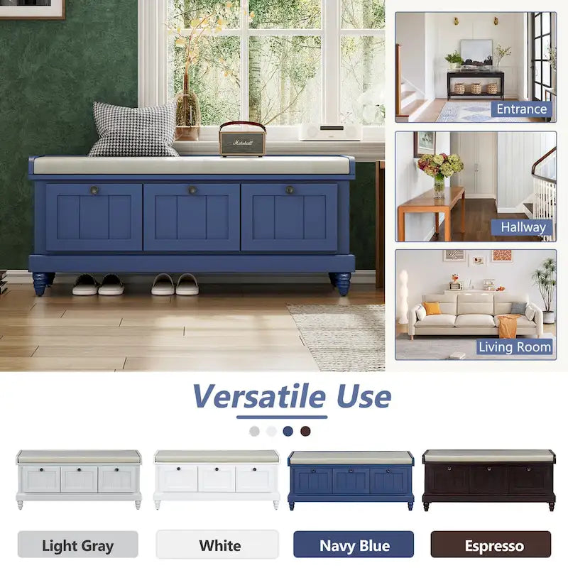 Classic Fluted Shoe Bench with Cushion & 3 Drawers