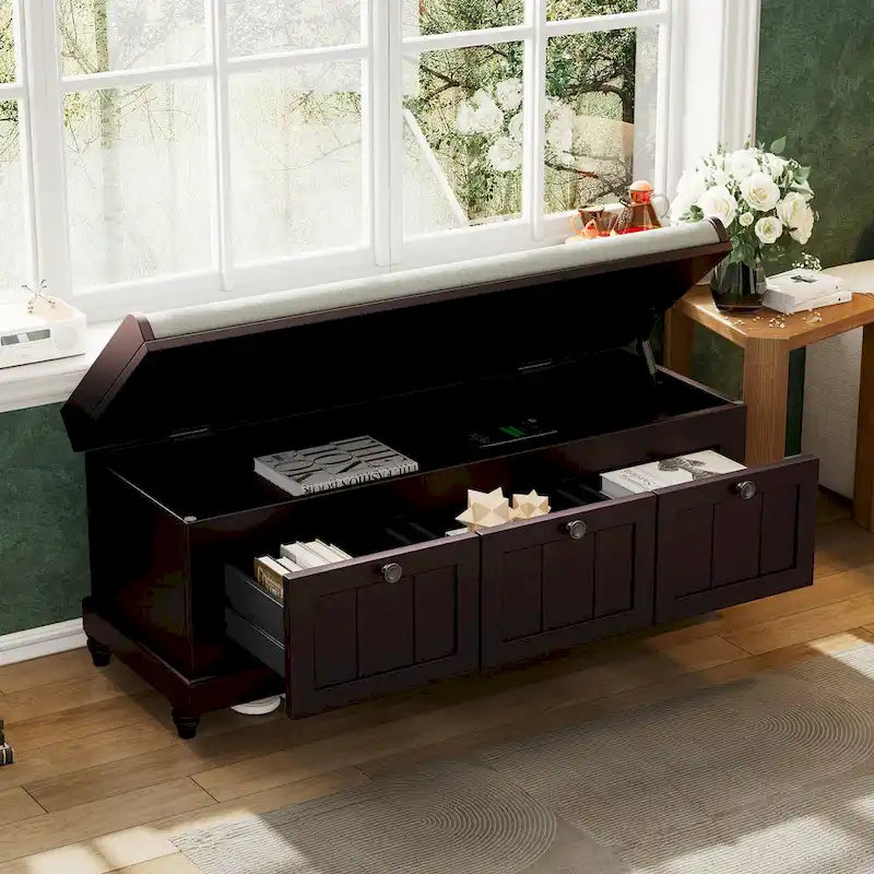 Classic Fluted Shoe Bench with Cushion & 3 Drawers