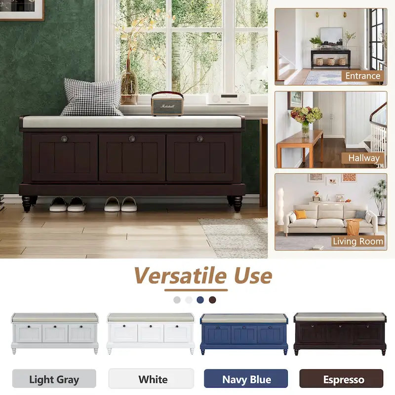 Classic Fluted Shoe Bench with Cushion & 3 Drawers