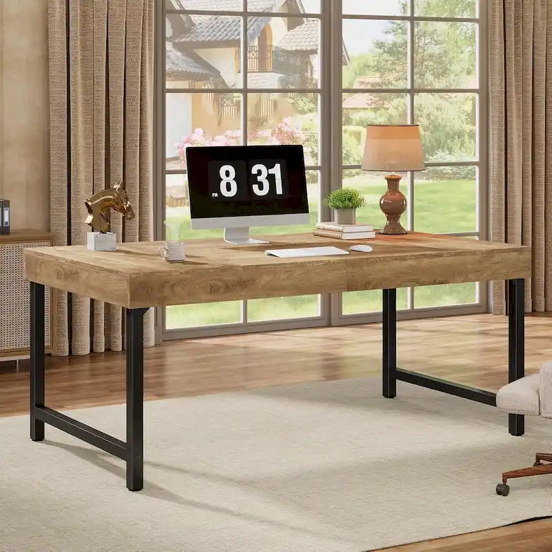 55 Inches Industrial Executive Desk, Rustic Simple Computer Laptop Desk with Strong Metal Legs