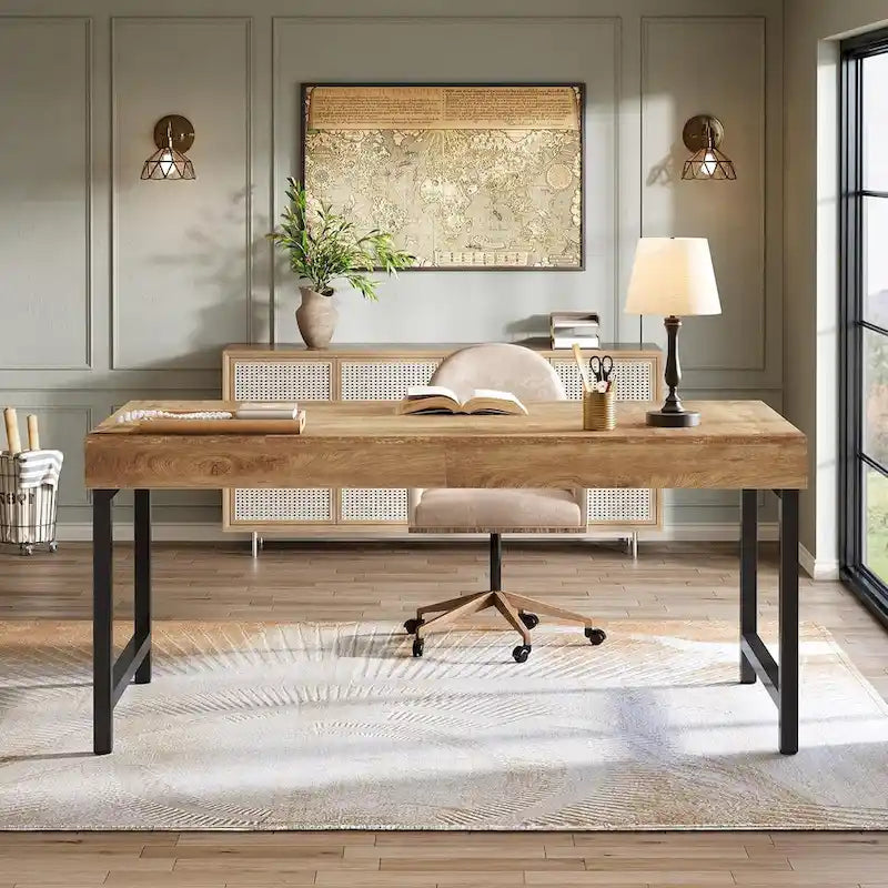 55 Inches Industrial Executive Desk, Rustic Simple Computer Laptop Desk with Strong Metal Legs