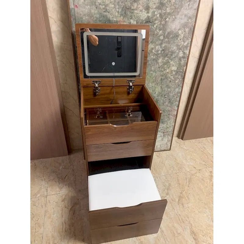 3-in-1 Small Makeup Table Set with Glass Top 3 Drawers, Stool