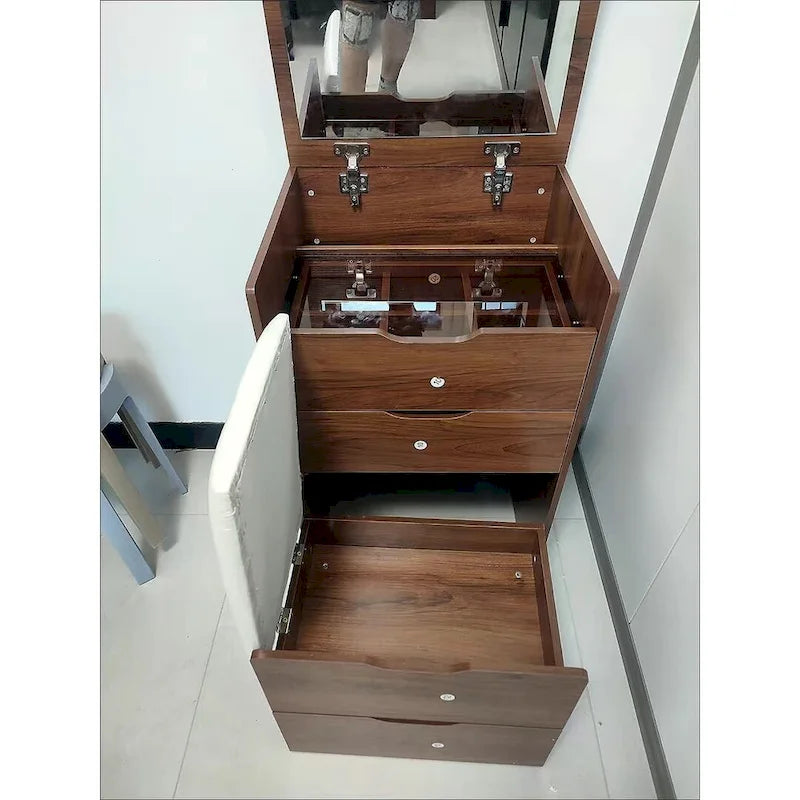 3-in-1 Small Makeup Table Set with Glass Top 3 Drawers, Stool