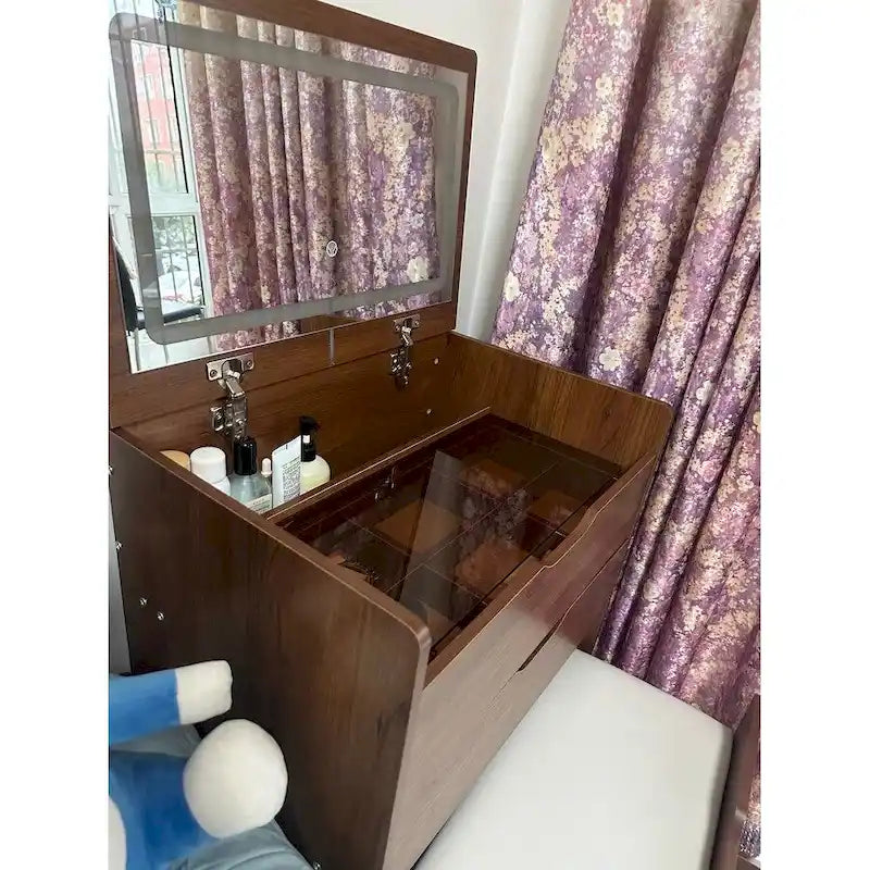 3-in-1 Small Makeup Table Set with Glass Top 3 Drawers, Stool