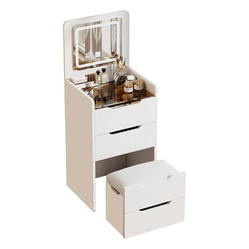 3-in-1 Small Makeup Table Set with Glass Top 3 Drawers, Stool