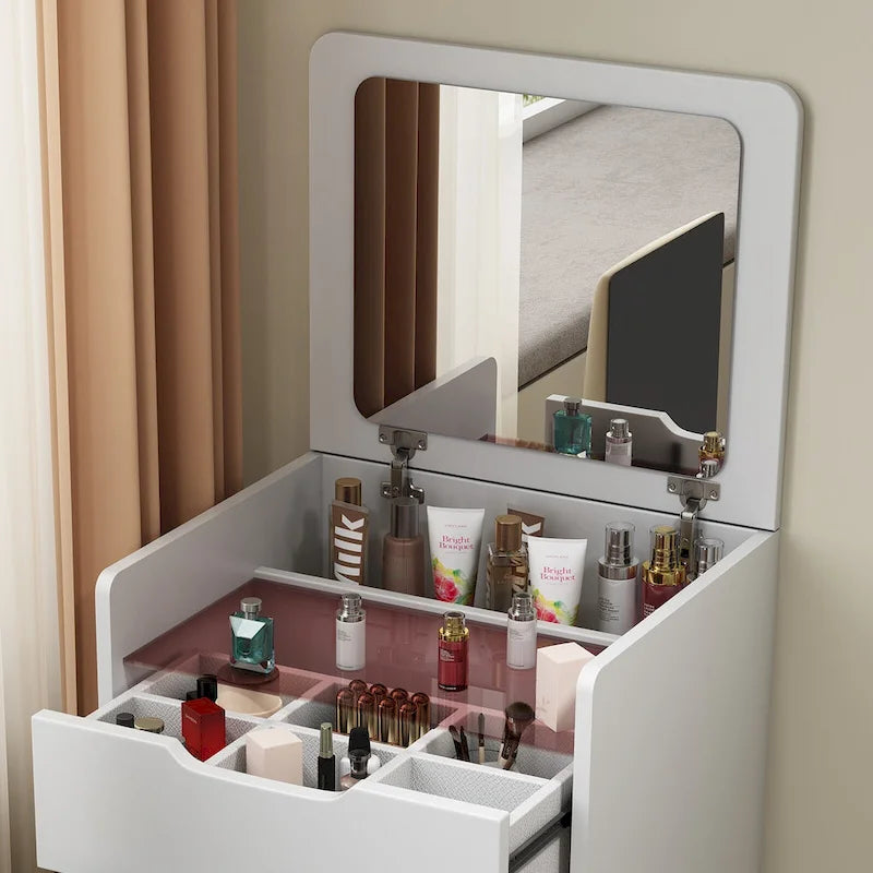 3-in-1 Small Makeup Table Set with Glass Top 3 Drawers, Stool