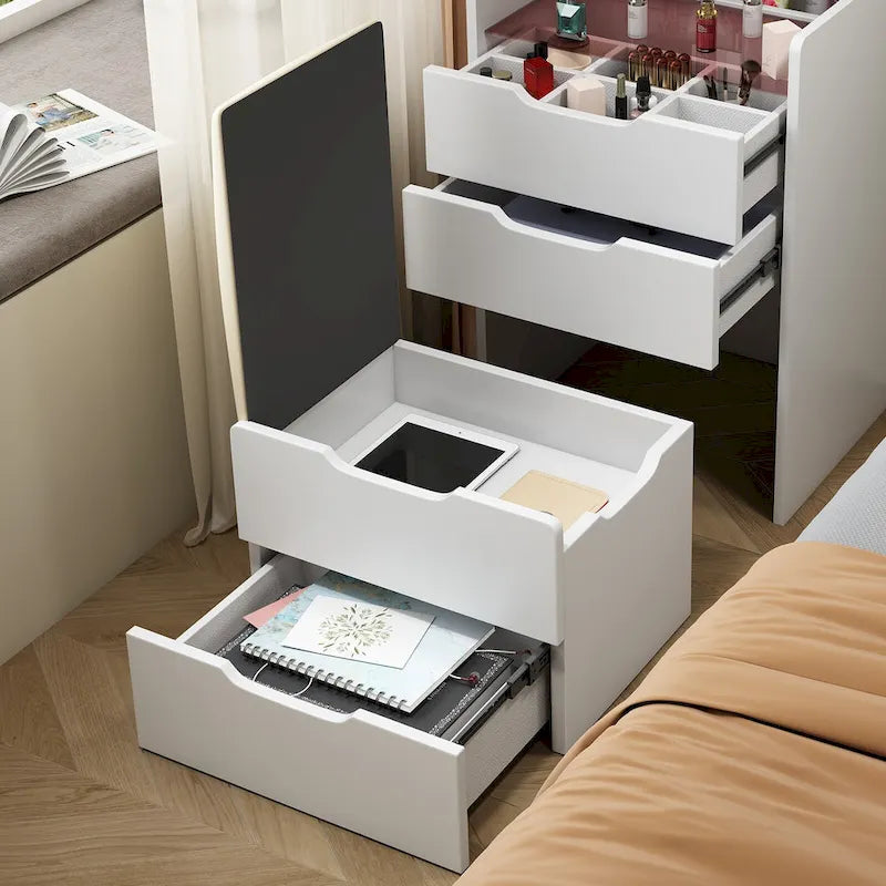 3-in-1 Small Makeup Table Set with Glass Top 3 Drawers, Stool