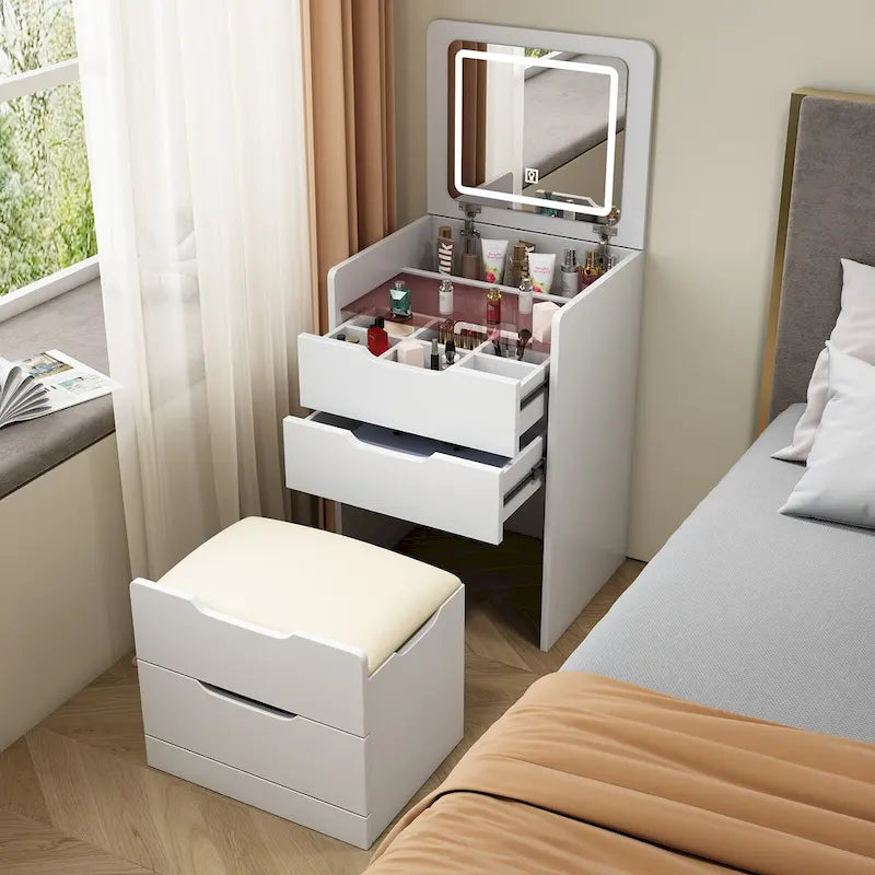 3-in-1 Small Makeup Table Set with Glass Top 3 Drawers, Stool