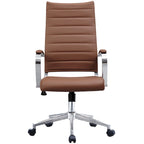 Modern Brown High Back Office Chair Ribbed PU Leather Swivel Conference Room Computer Desk Visitor Vintage Retro Boss